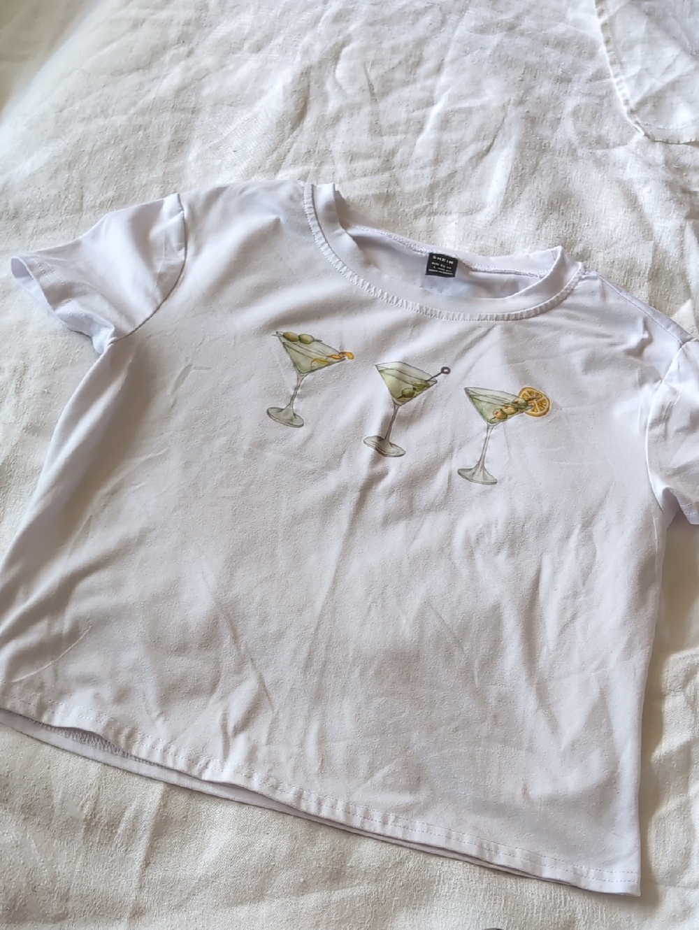 SHEIN White Graphic Crop Tee with Small Martini Motif